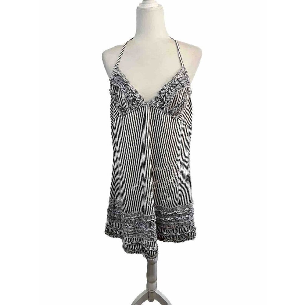 Desigual Embroidered Halter Dress Ruffle Bust Size 46 Striped